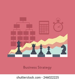 picture of chessboard with graphs and icons on background, business strategy concept, flat style illustration