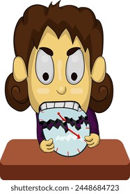 Das Bild eines Kindes, das eine Uhr isst, bis sie wütend zerbricht