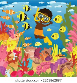Picture for children's puzzles. Rich underwater marine world. Under the water near the coral reefs, a boy aquadiver swims with fish.