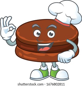 A picture of chocolate alfajor cartoon character wearing white chef hat