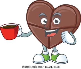 Picture of chocolate bar love character with a cup of coffee