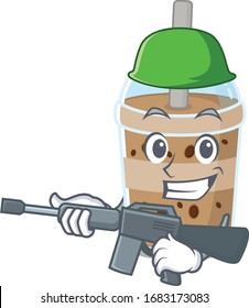 A picture of chocolate bubble tea as an Army with machine gun