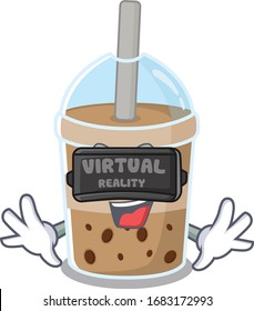 A picture of chocolate bubble tea character with Virtual reality headset