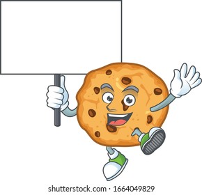 A picture of chocolate chips cookies cartoon character with board
