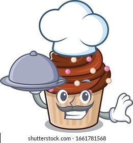 A picture of chocolate cupcake as a Chef serving food on tray