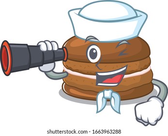 A picture of chocolate macaron working as a Sailor with binocular