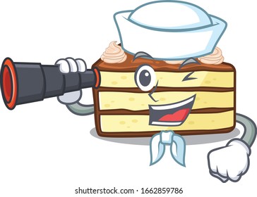 A picture of chocolate slice cake working as a Sailor with binocular