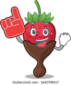 A picture of chocolate strawberry mascot cartoon design holding a Foam finger