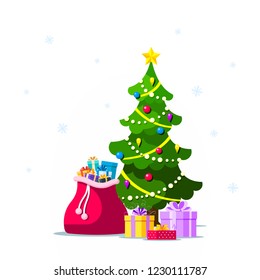Picture of Christmas tree with gift boxes isolated on white background. Christmas greeting card template. Flat style illustration.