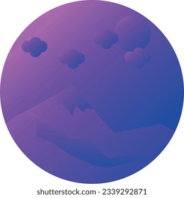 A picture in a circle, mountains, sun and clouds, in one gradient