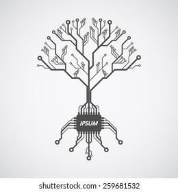 picture of a circuit board pattern in form of a tree with roots formed with chip