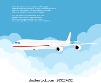 picture of a civilian plane with clouds, flat style illustration