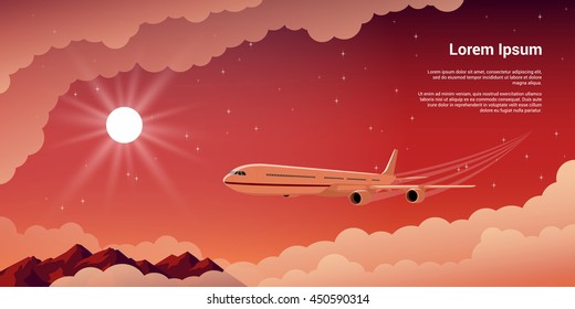 picture of a civilian plane with clouds. mountains, setting sun and stars on background, flat style illustration, concept banner for vacation and travel concept
