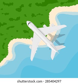 picture of a civilian plane flying above the seaside, flat style illustration, banner for business, webside etc., traveling, vacation, around the world concept