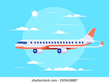 picture of a civilian plane flying over the clouds, flat style icon design, travel and vacation concept