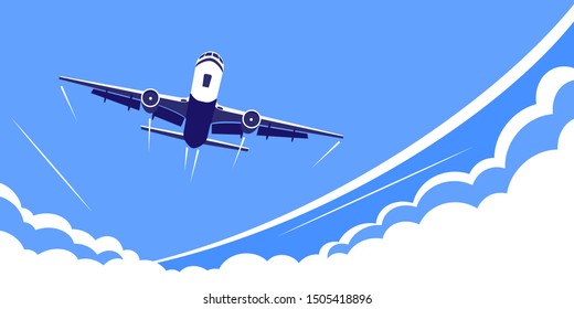 picture of a civilian plane flying over the clouds, flat style illustration, concept banner for vacation and travel concept