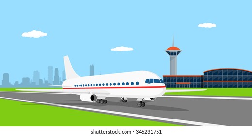 Picture Of A Civilian Plane On Landing Strip, In Front Of Airport, Flat Style Illustration