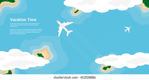 picture of civilian planes flying above the islands, flat style illustration, banner for business, website etc., traveling, vacation, around the world concept