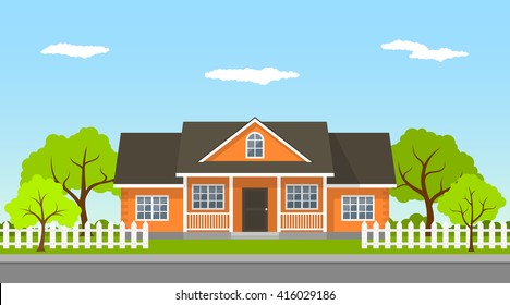 picture of a classic cottage house with trees and road, flat style illustration