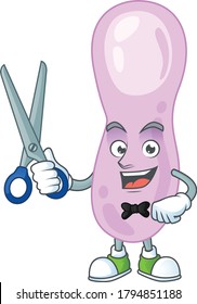 A picture of clostridium botulinum Barber cartoon character working with scissor. Vector illustration