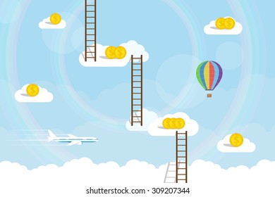 picture of clouds with dollar coins on it connected with ladders and plane and balloon on background, flat style concept for business goals and success