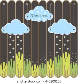 Picture with clouds, grass and wooden fencing. 