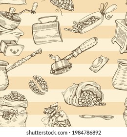 Picture of coffee seeds and tools. Hand drawn sketch. Vector illustration.