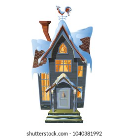 Picture of colonial house in winter snow. Vector illustration of mansion in Victorian architectural style with burning windows all covered with snow.