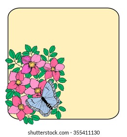 picture of colored wild roses and butterfly on them in vintage style on the frame background