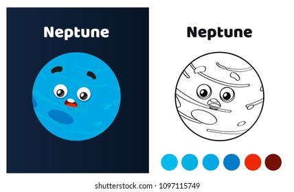 Picture For Coloring Children Book. Planet Of The Solar System. Neptune. Cartoon Style Vector Illustration