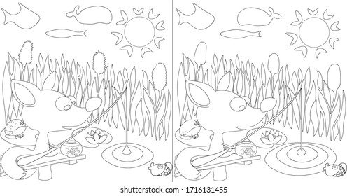 
Picture coloring. Find 10 differences. The fox is fishing.