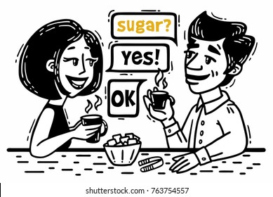 picture comic boy and girl talking at the table with hot drinks