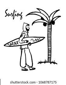 picture of a comic cartoon drawing of a young hipster man on the beach under a palm tree with a surfboard, sketch, hand-drawn comic vector illustration