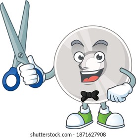 A picture of compact disk Barber cartoon character working with scissor. Vector illustration