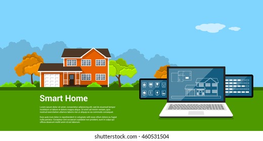 picture of computer tablet with house and house monitoring icons and cottage on background, flat style concept of a smart home