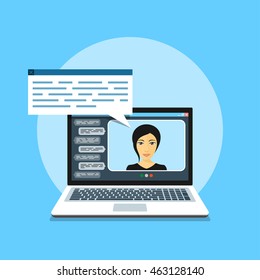 Picture Of Computer With Woman Avatar On Its Screen, Flat Style Illustration, Video Chat, Online Communication Concept