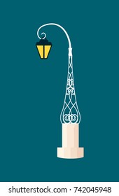 Picture consisting icon of glowing lantern with decorated white stand at night made of iron vector illustration isolated on blue background