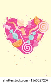 The picture contains an image of a heart with sweets, sweets, marmalade and candies. 