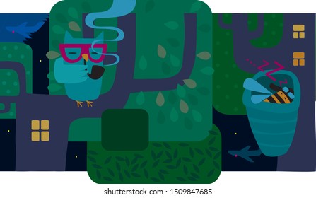The picture contains an image of an owl smoking a pipe while sitting on a tree branch, the night sky, trees, glowing windows, airplanes, stars and a bee hive with a bee.