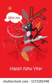 The picture contains an image of a rat with cheese in its paw. A rat sits on a tree branch above her bubble for the phrase. The background shows fir branches, cones, a garland, asterisk, snow.
