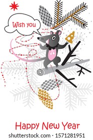 The picture contains an image of a rat with cheese in its paw. A rat sits on a tree branch above her bubble for the phrase. The background shows fir branches, cones, a garland, asterisk, snow.
