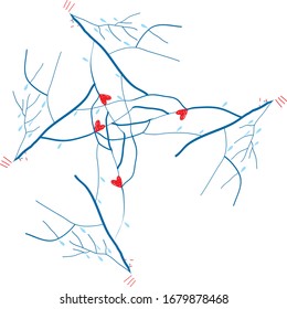 The picture contains images of branches, hearts and drops.