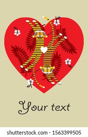 The picture contains images of hearts, two tigers, leaves and flowers of tropical plants.