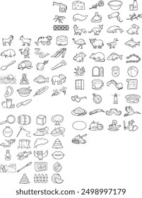 The picture contains various black and white illustrations of animals, objects, and food items, possibly for a game of Pictionary or similar activities.