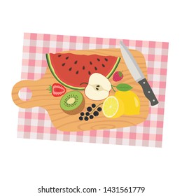Picture of cooking desk with knife and sliced fruits. Fruit diet. Vector illustration.
