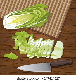 picture of cooking desk with knife and sliced Peking cabbage,vector illustration