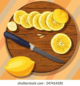 picture of cooking desk with knife and sliced lemon, flat style illustration