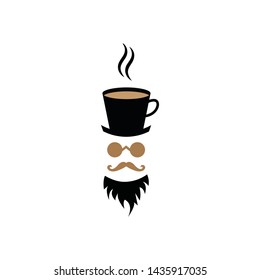 a picture of a cool man, above the hat, is a glass of coffee