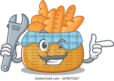 A picture of cool mechanic bread basket cartoon character design