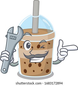 A picture of cool mechanic chocolate bubble tea cartoon character design